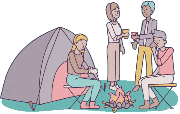 animated illustration of friends camping. Resbite app activity