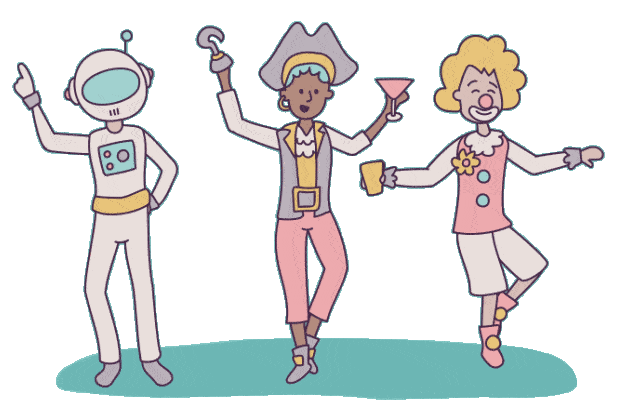 animated illustration of friends in a costume party. Resbite app activity